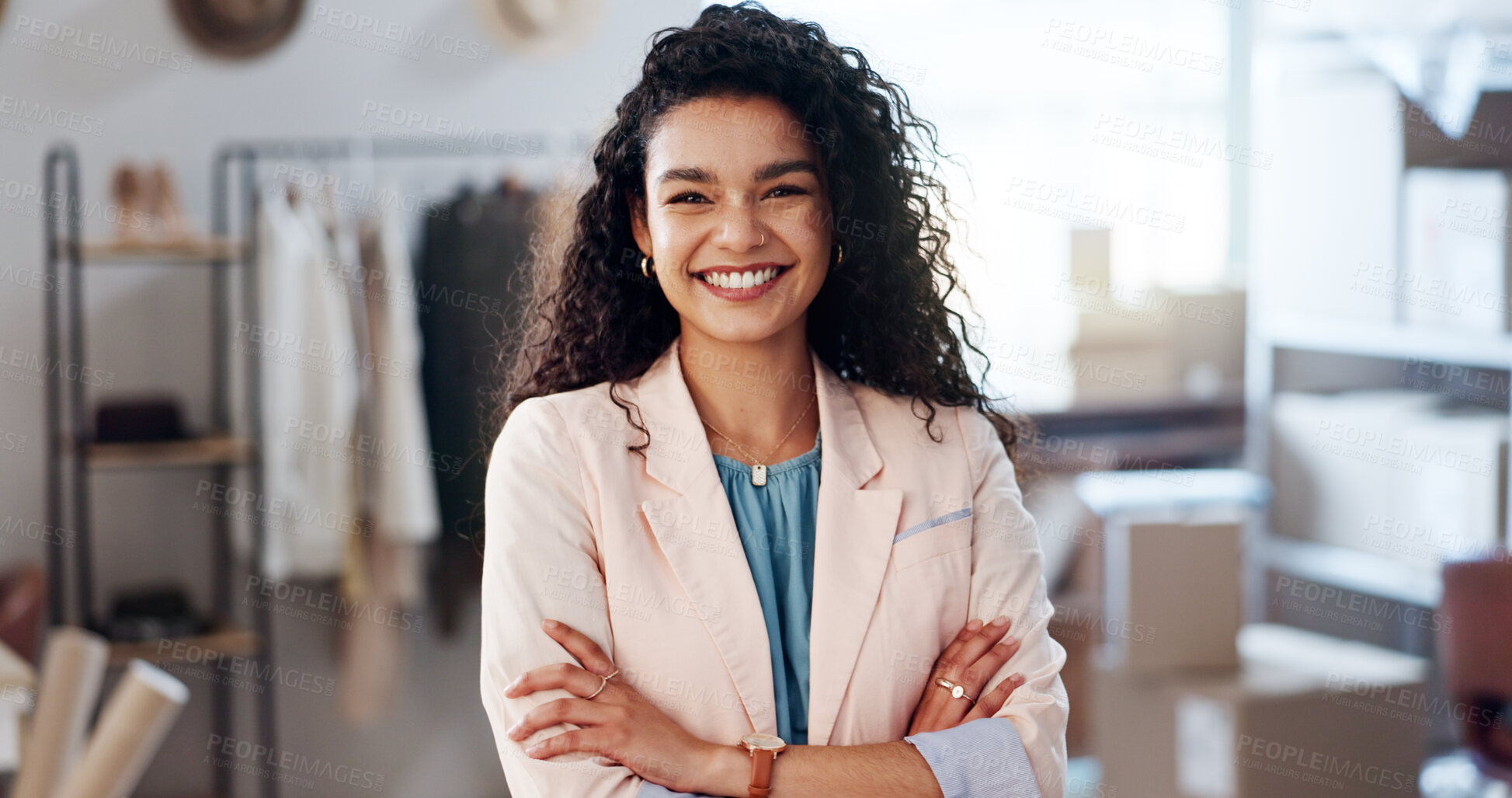 Buy stock photo Portrait, small business or woman with arms crossed, fashion company or designer with supply chain. Face, person or entrepreneur with smile, confidence or logistics with textile workshop or pride