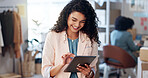 Fashion, woman and ecommerce with tablet for supply chain, business management or stock for logistics. Workshop, female seller and smile with tech for inventory, online order or shipping confirmation