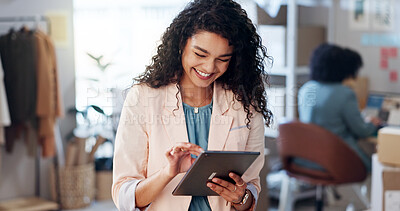 Buy stock photo Fashion, woman and ecommerce with tablet for supply chain, business management or stock for logistics. Workshop, female seller and smile with tech for inventory, online order or shipping confirmation