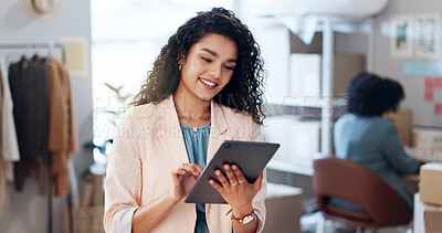 Buy stock photo Fashion, woman and ecommerce with tablet for logistics, business management and stock in workshop. Supply chain, female seller and smile with tech for inventory, online order or shipping confirmation
