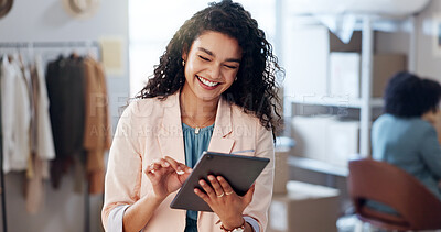 Buy stock photo Fashion, woman and ecommerce with tablet for inventory, business management and stock in workshop. Supply chain, female seller and happy with tech for logistics, online order or shipping confirmation