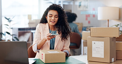 Buy stock photo Code, woman and phone for box in small business, logistics or startup for inventory, order or scan in boutique. Picture, person or store owner with mobile for storage check, address or shipping cargo