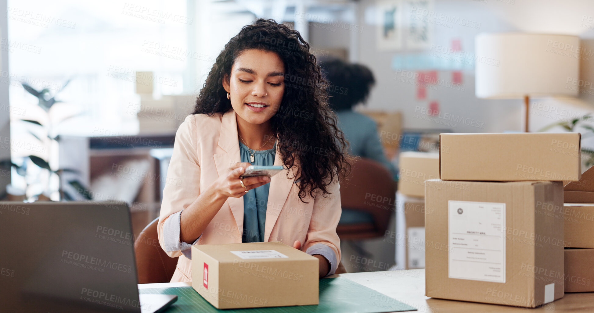 Buy stock photo Code, woman and phone for box in small business, logistics or startup for inventory, order or scan in boutique. Picture, person or store owner with mobile for storage check, address or shipping cargo