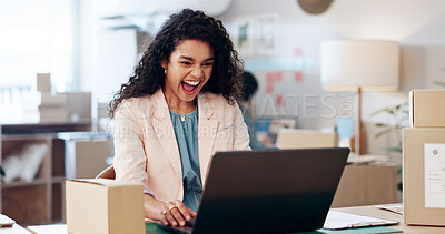 Buy stock photo Excited, woman and success on laptop for distribution good news, sales progress and logistics surprise. Person, reading and pc with online orders, delivery announcement and winner as fashion designer