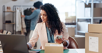 Buy stock photo Laptop, phone and woman with cardboard box in office for ecommerce, courier or confirmation. Computer, cellphone and female designer with email for sale promotion with packages in workplace.