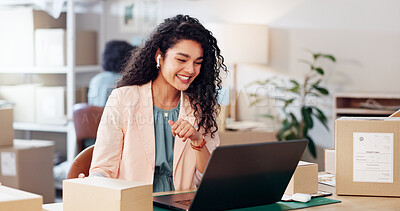 Buy stock photo Laptop, video call and woman with parcel in office for ecommerce, courier or confirmation. Computer, headphones and female designer with live streaming for sale promotion with cardboard box in studio