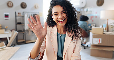 Buy stock photo Happy woman, portrait and wave with video call for online business, logistics or virtual discussion. Female person, distributor or fashion designer with smile in POV for clothing distribution or talk