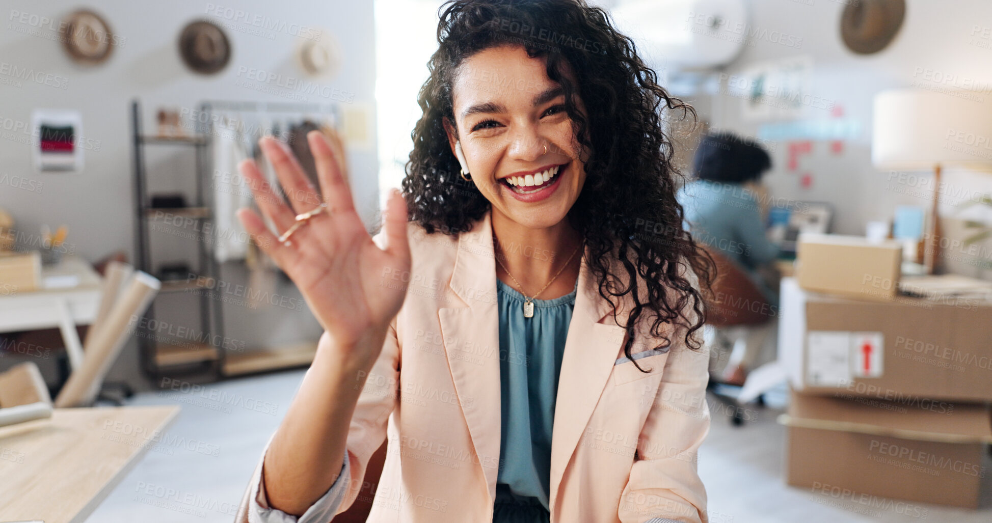 Buy stock photo Happy woman, portrait and wave with video call for online business, logistics or virtual discussion. Female person, distributor or fashion designer with smile in POV for clothing distribution or talk