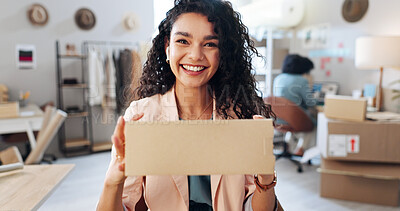 Buy stock photo Logistics, video call and portrait of woman with packages in office for ecommerce information. Happy, sale and female designer live streaming with cardboard boxes for discount promotion with cargo.