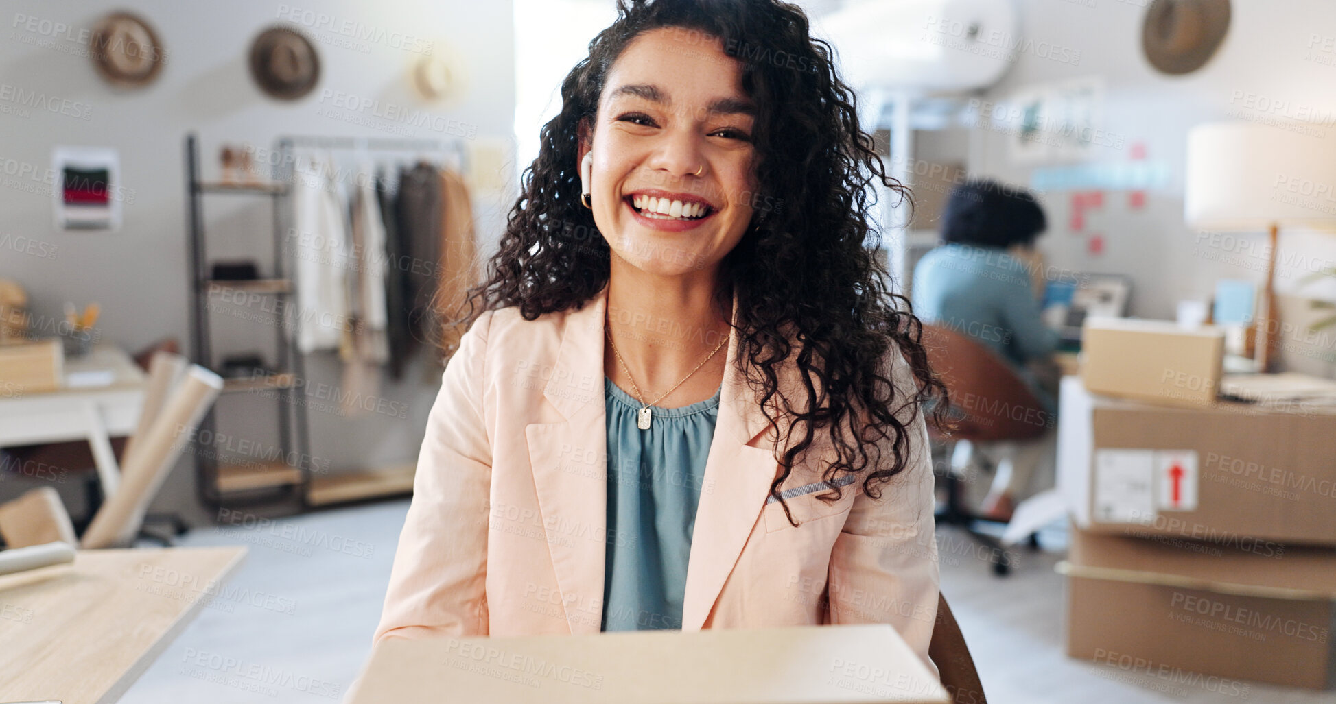 Buy stock photo Portrait, startup or happy woman with box for shipping, delivery schedule or inventory management. Small business, smile or logistics information on package for ecommerce order, sales or supply chain