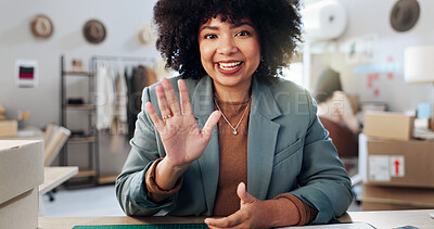 Buy stock photo Happy woman, portrait and wave with video call for online meeting, virtual small business or logistics. Female person, distributor or fashion designer with smile in POV for clothing distribution