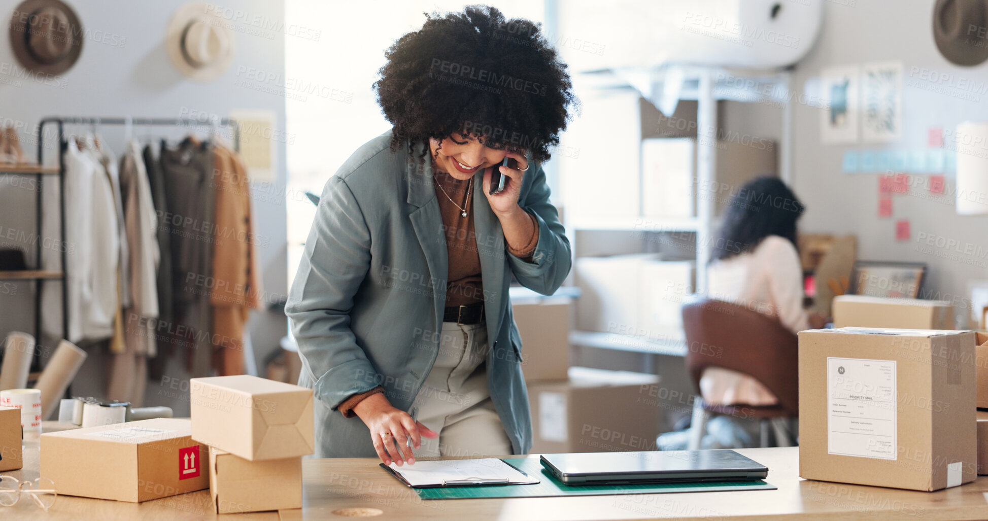 Buy stock photo Logistics, phone call and woman in online shop with clipboard for stock order, inventory procurement or delivery. Fashion store, person and talking to client for ecommerce, supply chain and checklist