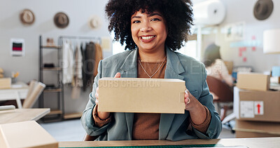 Buy stock photo Ecommerce, video call and portrait of woman with boxes in office for shipping information. Happy, sale and female designer live streaming with cardboard packages for discount promotion with cargo