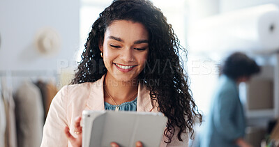 Buy stock photo Fashion, woman and smile with tablet for supply chain, business management and stock for ecommerce. Workshop, female person and seller with tech for inventory, online order and shipping confirmation