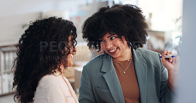 Buy stock photo Partnership, writing and women with smile, business and fashion designer with ideas for brand in office. Talk, entrepreneur and people with info for clothing design, brainstorming or happy for launch