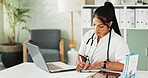 Hospital, woman and doctor with laptop for notes, medical diagnosis and information for research. Office, healthcare and female cardiologist with book for writing reminder, prescription and treatment
