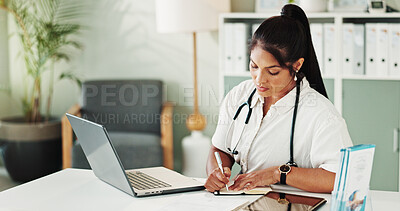 Buy stock photo Hospital, woman and doctor with writing for notes, medical diagnosis or information for research. Laptop, healthcare or female cardiologist with book for reminder, prescription or treatment in office