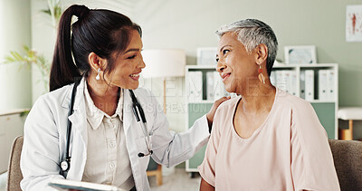 Buy stock photo Woman, doctor and consulting senior patient for care, support or trust with checkup appointment in office. Elderly female person, medical professional and healthcare talk for discussion at clinic