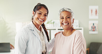 Buy stock photo Healthcare, doctor and patient in portrait with happiness, support and medical wellness with laugh. Hospital, women and senior person with physician for consultation, appointment and smile in clinic