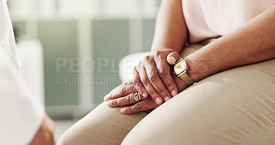 Buy stock photo Hospital, appointment and hands of patient with worry for bad news, disappointed and results. Healthcare, consultation and doctor with person with anxiety for diagnosis, wellness and medical service