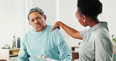 Buy stock photo Senior man, shoulder pain and woman with physiotherapy, assessment and questions at clinic. People, helping and clipboard for injury with inspection, advice and examination for wellness at hospital