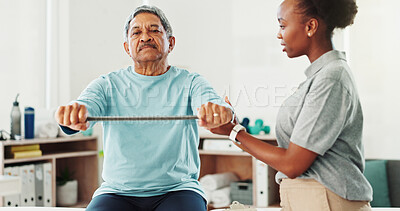 Buy stock photo Resistance band, physical therapy and senior man in clinic for consultation with muscle recovery. Injury, healthcare and woman physiotherapist helping mature male patient with stretch arm exercise