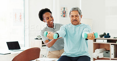 Buy stock photo Dumbbells, physiotherapy and mature man in office for consultation with muscle recovery. Clinic, healthcare and woman physical therapist for helping senior person with arm exercise or rehabilitation