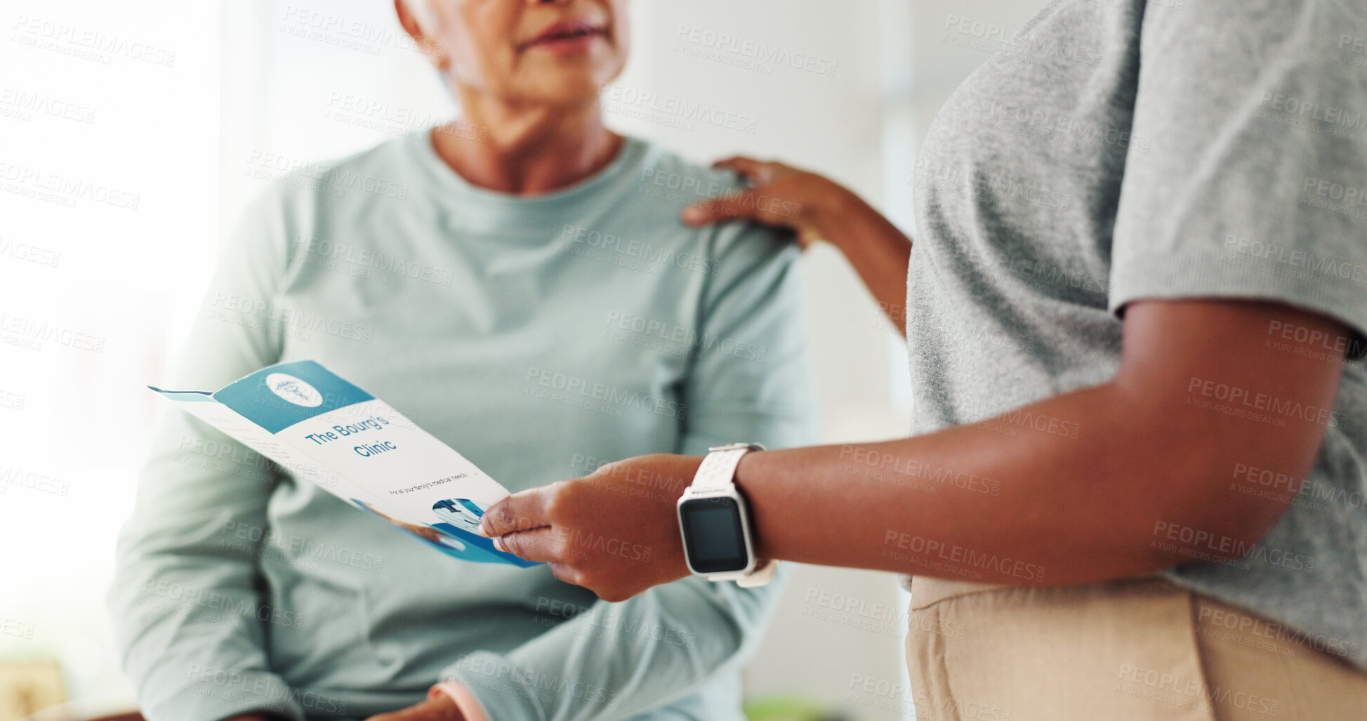 Buy stock photo Healthcare, patient and doctor with brochure for consultation, diagnosis information and clinic service. Hands, medical consultant and senior woman with pamphlet for advice, recovery tips and support
