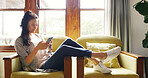 Phone, relax and woman on sofa typing on mobile app for online dating with connection in home. Technology, calm and female person on couch with cellphone for texting in living room at apartment.