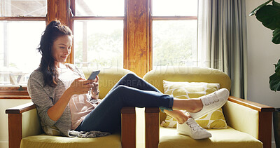 Buy stock photo Phone, relax and woman on sofa typing on mobile app for online dating with connection in home. Technology, calm and female person on couch with cellphone for texting in living room at apartment.