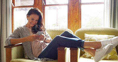 Buy stock photo Phone, relax and woman on sofa in home on mobile app for online dating with connection in house. Technology, calm and female person on couch with cellphone for texting in living room at apartment.