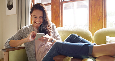 Buy stock photo Phone, happy and woman on sofa typing on mobile app for online dating with connection in home. Technology, relax and female person on couch with cellphone for texting in living room at apartment.