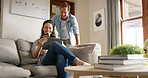 Discount, couple and woman with card, tablet and browsing for online shopping in living room or happy. House, man and spouse with tech for digital purchase, scroll or people with credit for ecommerce