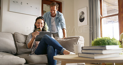Buy stock photo Discount, couple and woman with card, tablet and browsing for online shopping in living room or happy. House, man and spouse with tech for digital purchase, scroll or people with credit for ecommerce