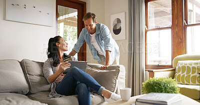 Buy stock photo Couple, woman and tablet with credit card on sofa for online shopping, digital purchase and financial payment. Happy, people and banking app in home for mortgage transaction, savings account or bills