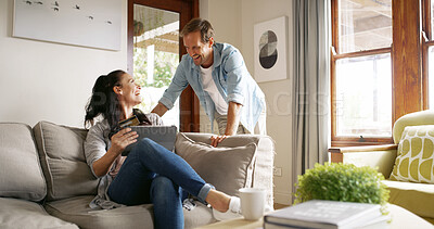 Buy stock photo Laughing, couple and woman with card, tablet and browsing for online shopping in living room and discount. Home, customer and people with tech for digital purchase, happy and credit for ecommerce