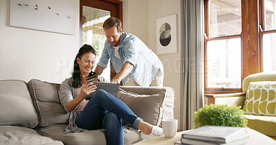 Buy stock photo Couple, woman and tablet with credit card in home for online shopping, digital purchase and mortgage payment. Happy, people and banking app on sofa for financial transaction, investment and ecommerce
