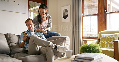 Buy stock photo Online shopping, browsing and couple with card, tablet and smile for digital products, lounge and relax. Scrolling, happy and people with tech for transaction, customer or discount on website in home