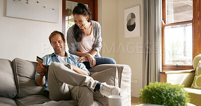 Buy stock photo Online shopping, laughing and couple with card, tablet and smile for digital products, lounge and relax. Scrolling, happy and people with tech for transaction, customer or discount on website in home