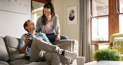 Buy stock photo Discount, online shopping and couple with card, tablet and smile for digital purchase, lounge and laughing. Relax, happy and people with tech for transaction, customer or scrolling on website in home