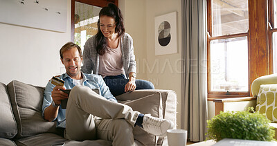 Buy stock photo Customer, online shopping and couple with card, tablet and browsing for digital products, happy and lounge. Living room, smile and people with tech for transaction, relax or scroll on website in home
