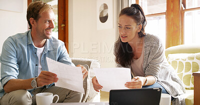 Buy stock photo Documents, technology and couple in home planning monthly budget, savings or taxes with payment. Paperwork, discussion and man helping woman with debt, loan or mortgage application in apartment.