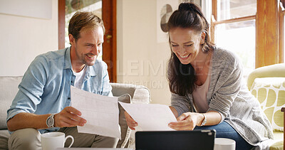Buy stock photo Paperwork, technology and couple in home planning monthly budget, savings or taxes with payment. Documents, discussion and man helping woman with debt, loan or mortgage application in apartment.