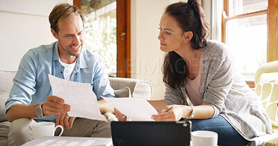 Buy stock photo Documents, discussion and couple in home planning monthly budget, savings or taxes with payment. Paperwork, tablet and man helping woman with debt, loan or mortgage application in apartment.