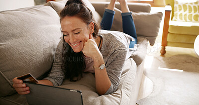 Buy stock photo Thinking, credit card and woman on tablet in home for payment, online shopping and internet banking. Debit, relax and happy person on sofa for purchase decision, choice and financial transaction