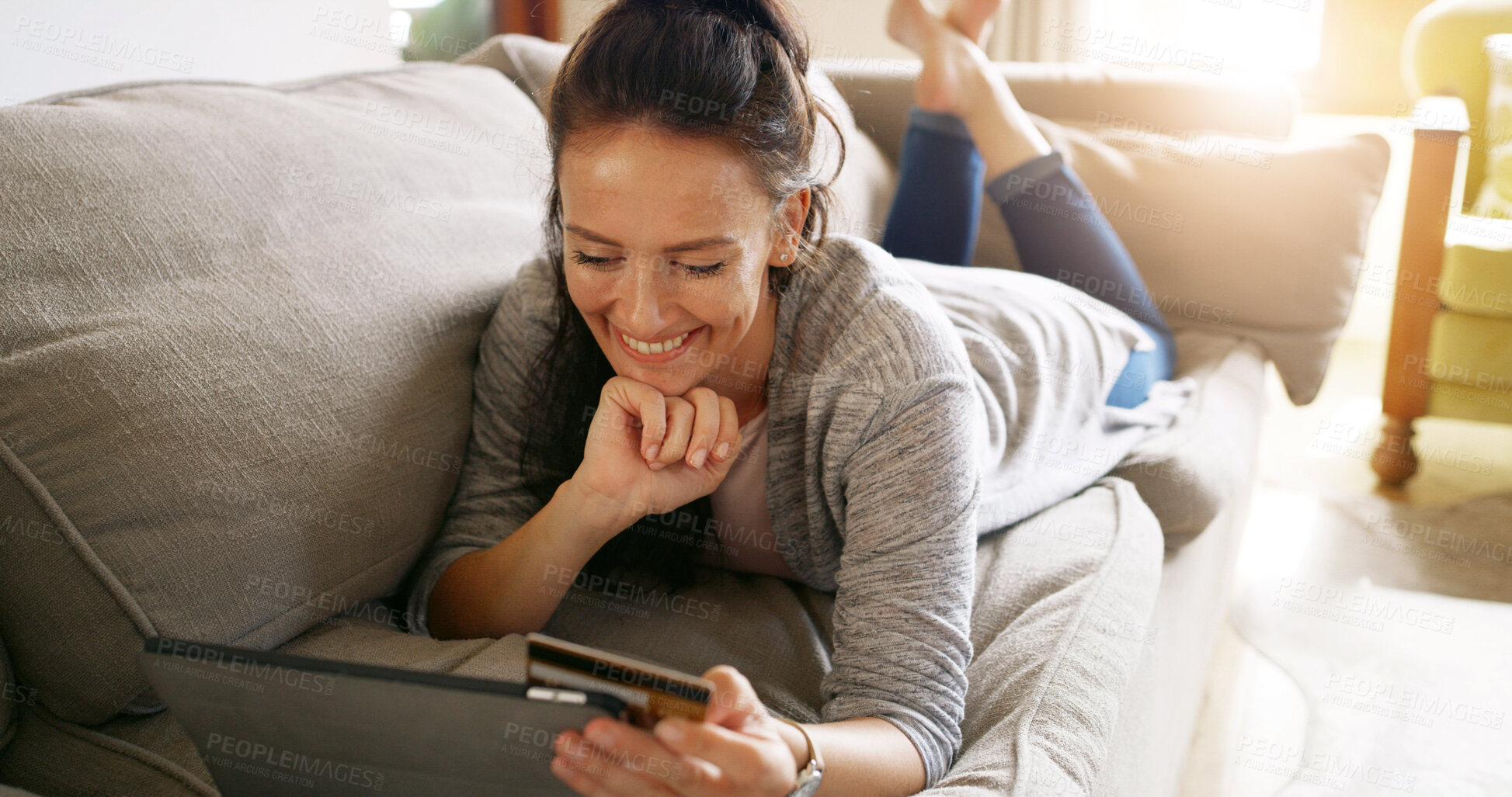 Buy stock photo Thinking, credit card and woman on tablet for payment, online shopping and internet banking at home. Debit, relax and happy person on sofa for purchase decision, choice and financial transaction