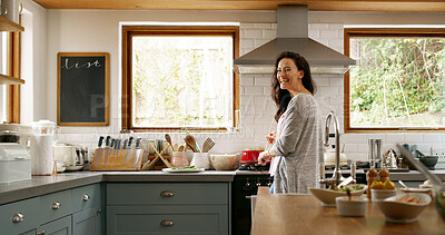 Buy stock photo Thinking, cooking food and happy woman in kitchen for recipe ideas, vision and laughing. Home, meal prep and female person with ingredients for healthy diet, nutrition and planning cuisine for lunch