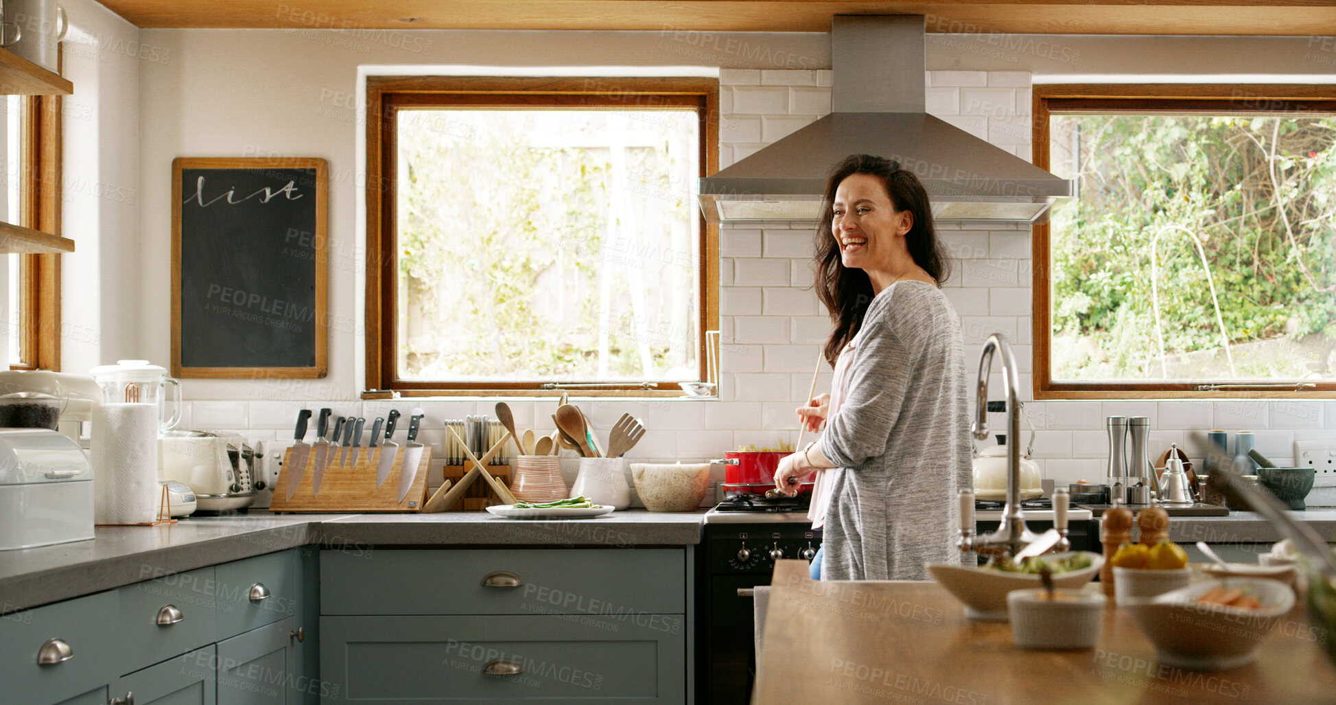 Buy stock photo Thinking, cooking food and happy woman in kitchen for recipe ideas, vision and laughing. Home, meal prep and female person with ingredients for healthy diet, nutrition and planning cuisine for lunch