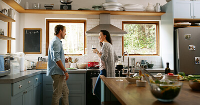 Buy stock photo Couple, wine and cooking food in kitchen with organic ingredients, meal prepare and anniversary. People, alcohol and nutrition salad for lunch date, bonding together and marriage celebration at house