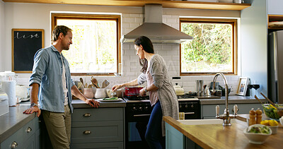 Buy stock photo Couple, cooking and food in kitchen at house with organic ingredients, meal preparation and healthy lunch. Man, woman and nutrition salad with vegetables, vegan diet and bonding with partner support